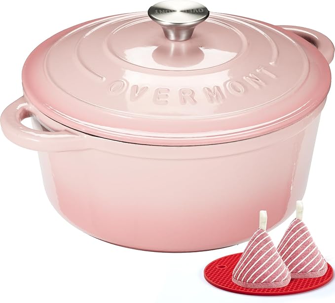 Overmont Enameled Cast Iron Dutch Oven - 4.5QT Pot with Lid Cookbook & Cotton Potholders - Heavy-Duty Cookware for Braising, Stews, Roasting, Bread Baking pink