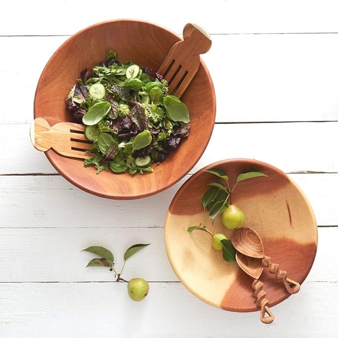 Dining & Entertaining, Wood Bowl, Serve Salad or Pasta, Countertop Fruit Bowl, Family Dinner, Party, Holidays, Thaksgiving, Handcarved, Rustic, Mahogany, Varies Beige to Brown, Large 14" Wide