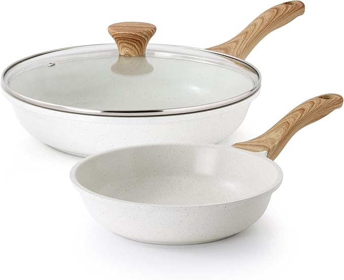 SENSARTE Nonstick Frying Pan Skillets, White Ceramic Coating Omelette Pans, Healthy Cookware Chef's Pan, Free of PTFE & PFAS (8+11Inch with Lid)