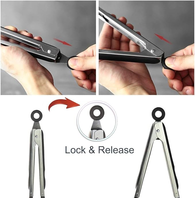 2 Pack Stainless Steel Silicone Cooking & Serving Tongs, 7 & 9 Inch, Black, Locking Handle, Heat Resistant, Dishwasher Safe