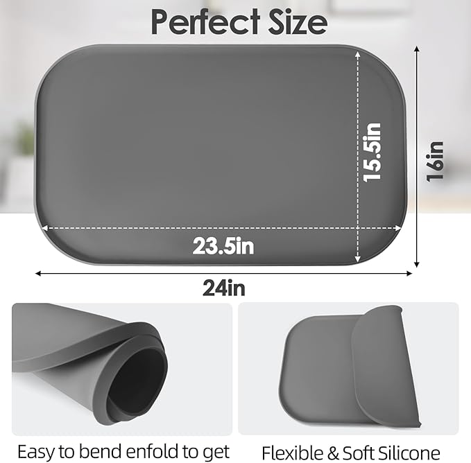 Silicone Coffee Maker Mat with Lip, 24'' x 16'' Heavy Duty Coffee Maker Mat for Countertops, Coffee Tray Fit Under Coffee Machine Appliance Automatic Machines Espresso Accessory, Grey