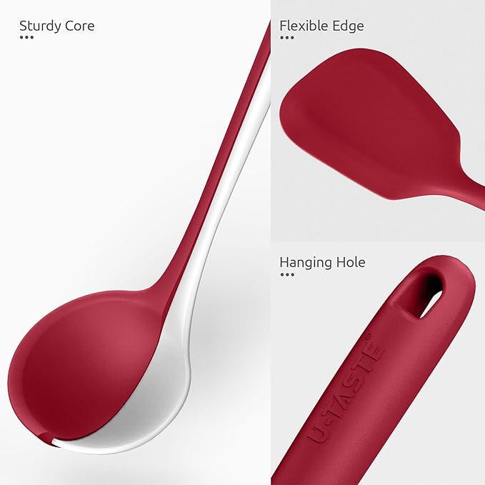 Silicone Kitchen Cooking Utensil Set: U-Taste High Heat Resistant 13.6in Long Kitchen Gadgets, BPA Free Non Stick Rubber Cook Accessories For Stir Frying, Serving, Basting, Mixing (5 Pieces, Red)