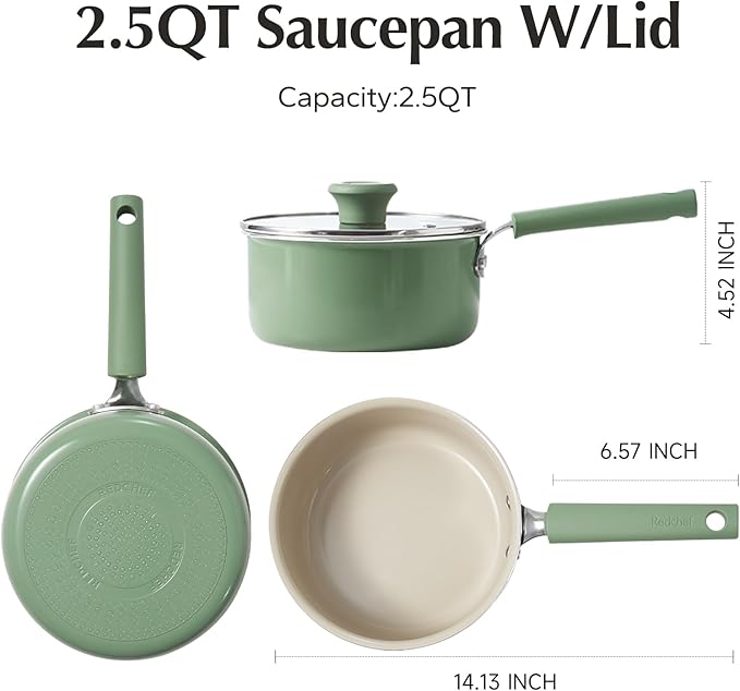 Redchef Ceramic Nonstick Saucepan with Lid, 2.5QT Small Cooking Pot, Non Toxic Sauce Pans for Kitchen, Cool Handle PFAS Free Compatible with All Cooktops, Green
