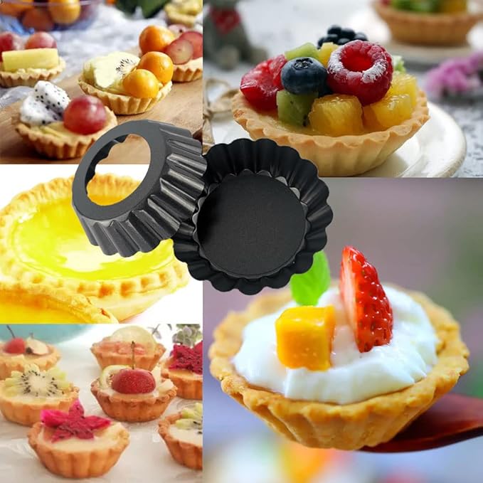 DATANYA 24Packs Mini Tart Pans 3 Inch with Removable Botttom, Carbon Steel Fluted Tart Tin Shell Mold Round Nonstick 3'' Quiche Pans for Pies, Mousse Cakes, Dessert Baking