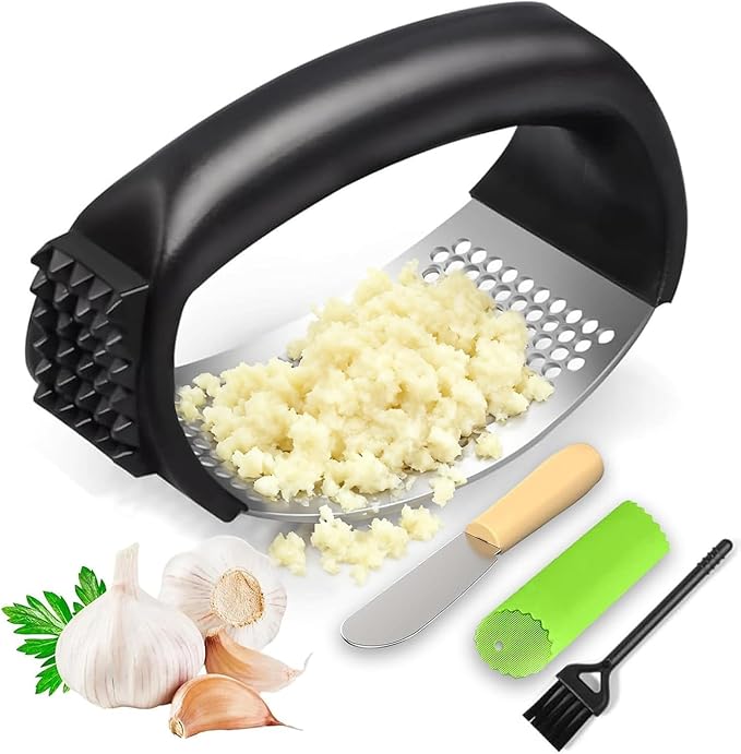 Stainless Steel Garlic Press Rocker Set - Heavy Duty Garlic Mincer, Crusher & Chopper with Silicone Peeler, Scraper & Cleaning Brush - Effortless Smasher and Grinder Tool for Easy Kitchen Prep (Green)