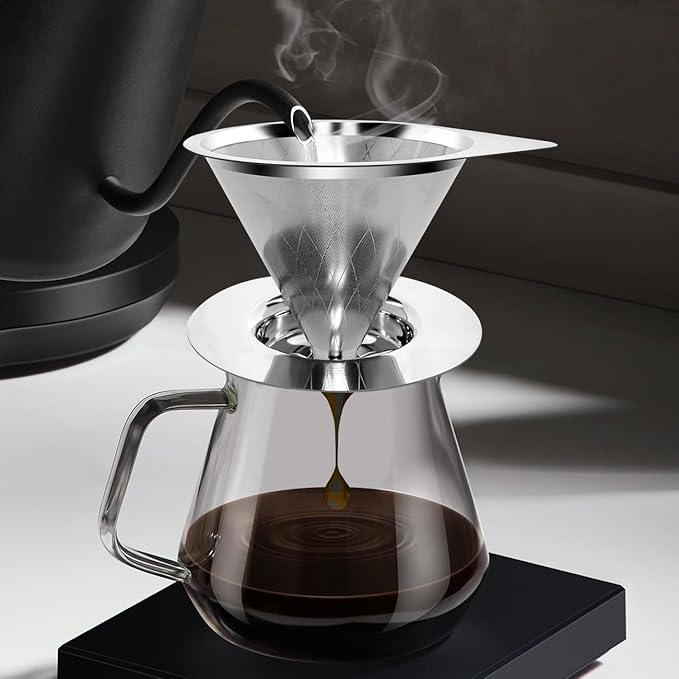 LHS Pour Over Coffee Dripper Reusable Coffee Filter Paperless Coffee Filter Stainless Steel Pour Over Coffee Maker Cone Coffee Dripper for 1-2 Cup,Argyle Pattern