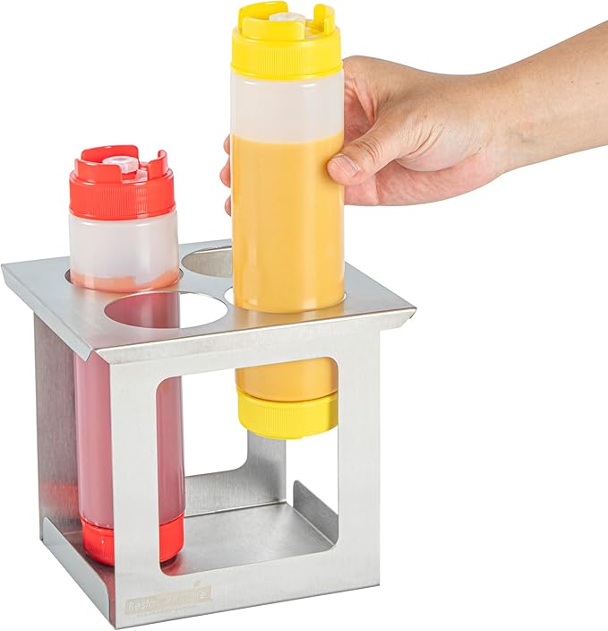 Restaurantware Squeeze Bottle Holder Pack of 1 Stainless Steel 4 Hole Bottle Holder, 2.5" Diameter Fits 1/6 Size Opening, Dishwasher Friendly Integrated Lip Design Holder for Condiment Bottles
