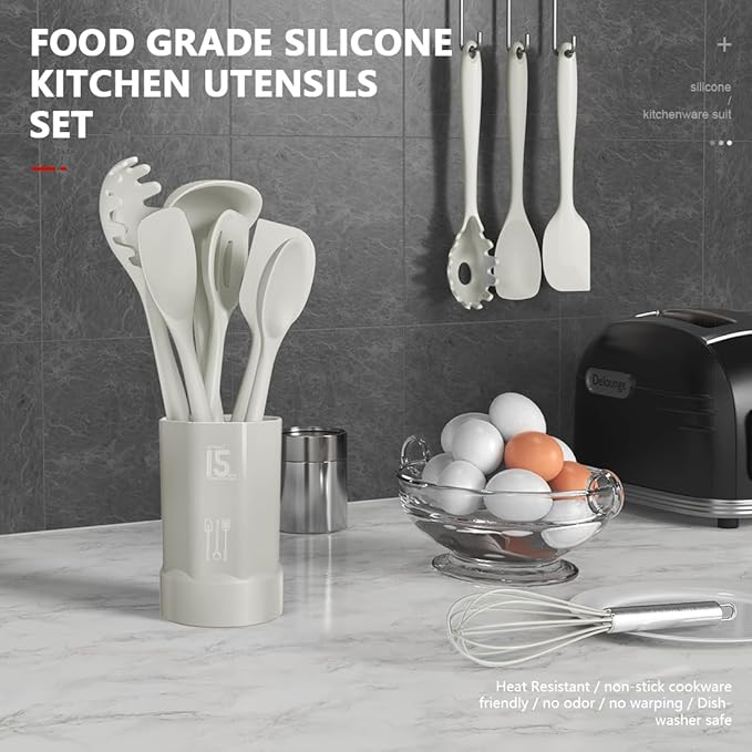 Silicone Cooking Utensils Set - 446°F Heat Resistant Silicone Kitchen Utensils,Spatula,Spoon, Kitchen Utensil Sets Gadgets Tools Set for Nonstick Cookware,Dishwasher Safe Bpa Free (Cream White)