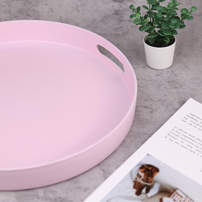 Round Pink Decorative Serving Tray with Handles, 13” Versatile Ottoman Tray for Coffee Table, Entertaining, Outdoor Patio, Living Room