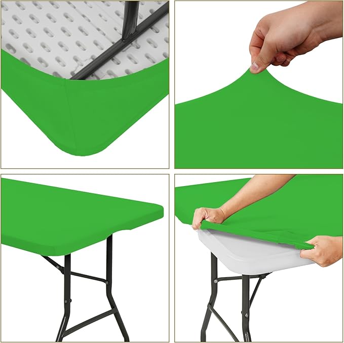 6 Pack Fitted Tablecloth for 6 Foot Rectangle Tables, Green Elastic Outdoor Picnic Table Cover, Washable Stretch Folding Table Cloths 6 ft for Camping Party Patio Kitchen Banquet, 30" W x 72" L