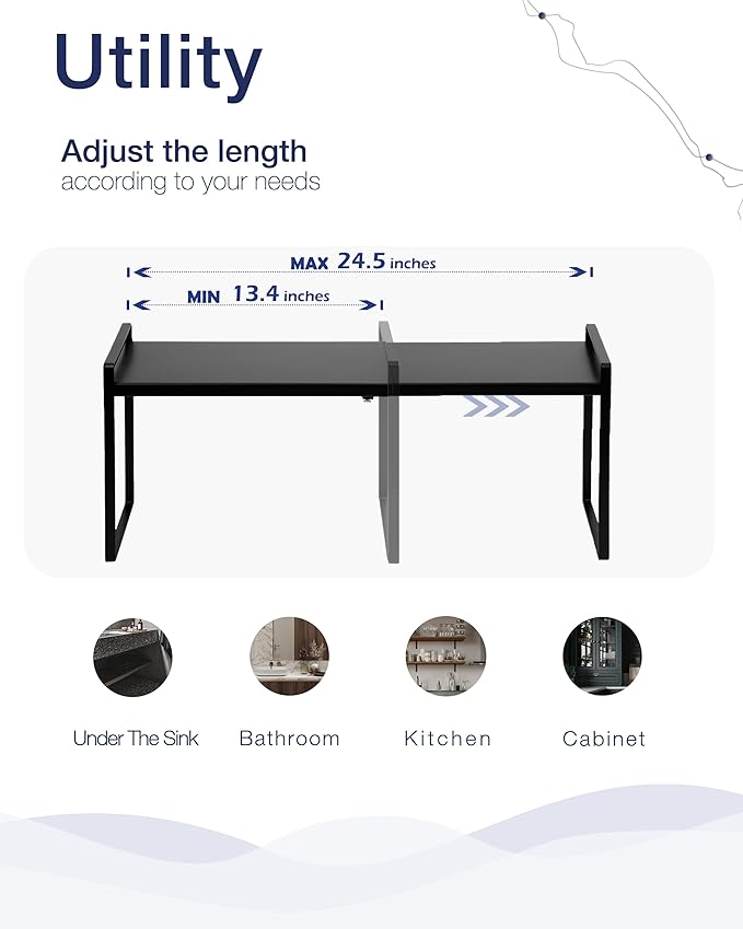 Nxconsu Expandable Cabinet Shelf Organizer Riser for Kitchen Pantry Cupboard Under Sink Countertop Home Storage Organization Rack Space Saver Freestanding Heavy Duty Nonslip Stackable Black X Large