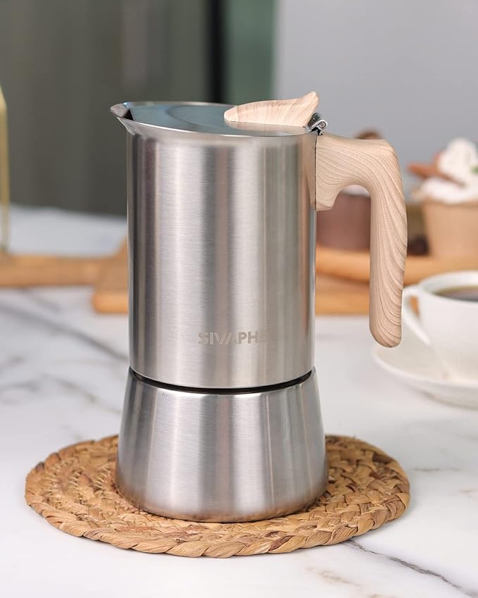 Sivaphe Stovetop Espresso Maker Stainless Steel 9 Cups, Induction-Capable Mocha Pot 450ml, Coffee Percolator with Replacement Silicone Gasket Steel Filter and Instructions (1 Cup=50ml)