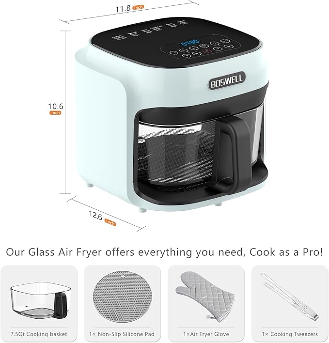 BOSWELL Glass Air Fryer, 7.5 QT with Transparent Fry Bowl, Circulating Heating, Temperature Control, Stainless Steel Air Fryer Roast, Dishwasher Safe (Green)