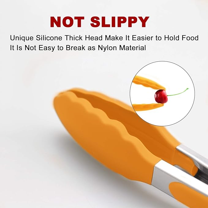 9-Inch & 12-Inch Premium Stainless Steel Food Tongs, Orange Silicone BPA Free Non-Stick BBQ Cooking Grilling Locking Kitchen Tong