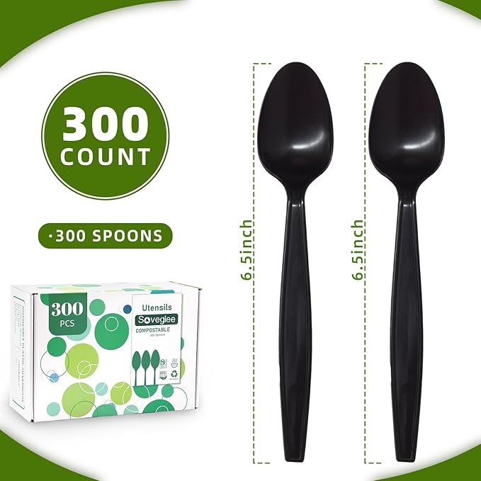 100% Compostable Spoons, 300 Disposable Spoons, Black Non Plastic Spoons, BPA-Free Heavy Duty Disposable Utensils, Ecofriendly Compostable Cutlery for Party Wedding Picnic