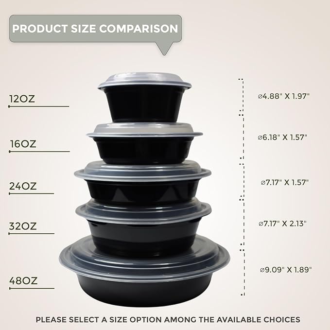 Klex 32 Oz, 150 Sets Meal Prep Containers with Airtight Lids, BPA Free, Reusable Plastic Food Container, 32 oz, Round, Black/Clear, 150 Sets