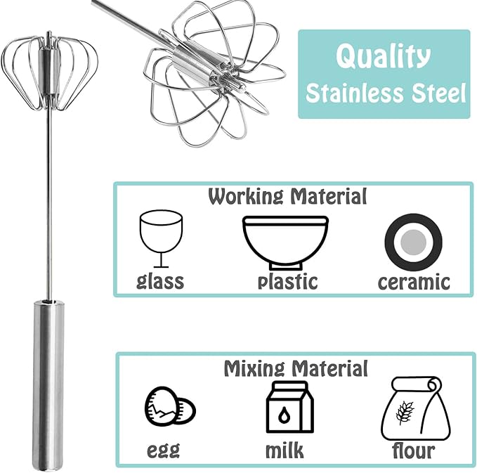 Semi-automatic Whisk, Stainless Steel Egg Beater, Hand Push Rotary Whisks Mixer Stirrer for Making Cream, Whisking, Beating and Stirring (Silver)