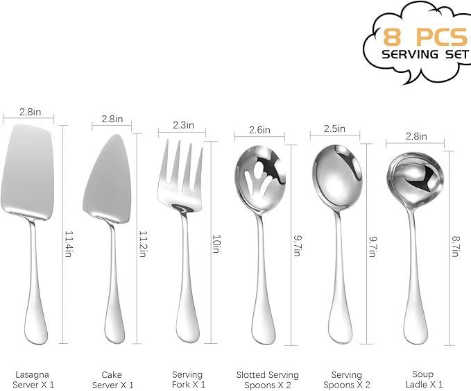Stainless Steel Serving Utensils,8 Pcs Serving Set with Serving Spoons,Serving Fork,Soup Ladle,Lasagna Server,Pie Server,Polished Serving Utensil Set for Buffet Parties Home,Dishwasher Safe