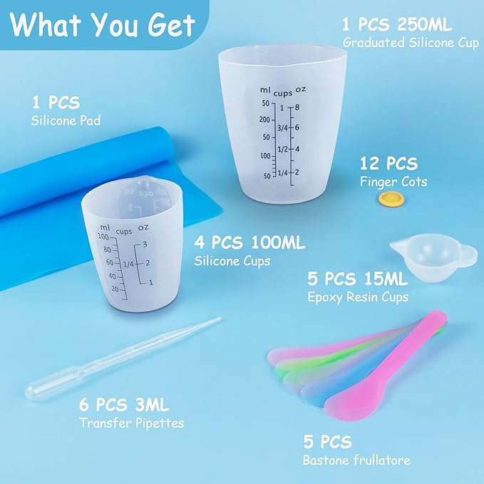 Creahaus Silicone Measuring Cups Tool Kit, Non-Stick Black Number 250 & 100ml Epoxy Mixing Cups, Reusable Resin Supplies with Silicone Cups, Stir Sticks, Pipettes, Mat for Resin Molds, Jewelry Making