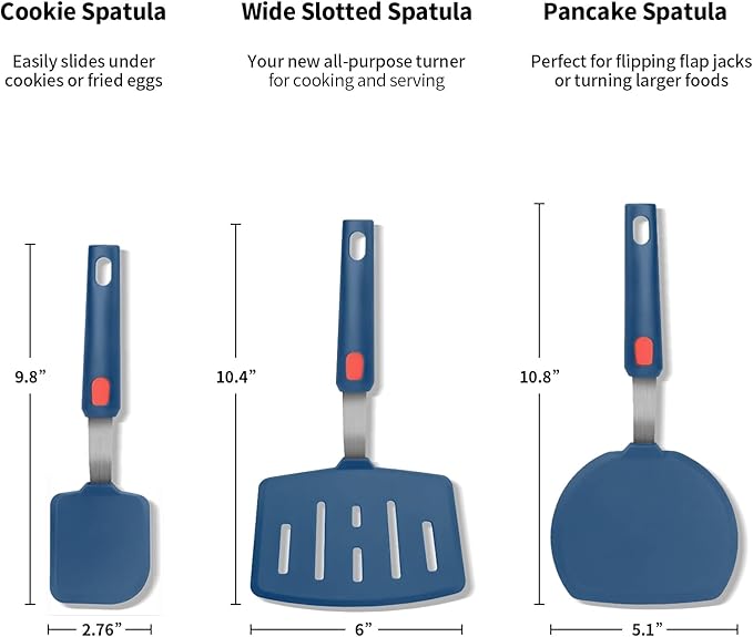 Silicone Spatula Turner Set of 3, Heat Resistant Large Wide Spatula for Pancake, Silicone Fish Spatulas Flipper for Cooking & Non-stick Cookware, BPA Free Rubber Cooking Untensil Set
