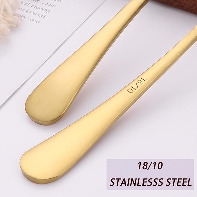 7" Round Soup Spoons Set of 4,18/10 Stainless Steel Heavy Duty with Deep Bowl,Matte Stain Finish,Dishwasher Safe(Gold)
