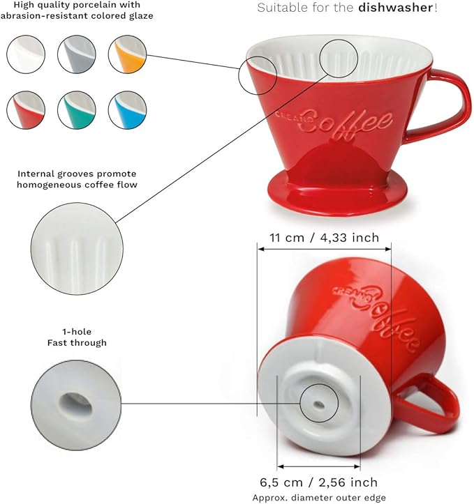 Creano XXL Porcelain Coffee Dripper Blue - Ceramic Cone Brewer - Pour Over Coffee Maker - Filter Size 4 - huge and heavy quality 800gr/28oz - 6 Colours availeble