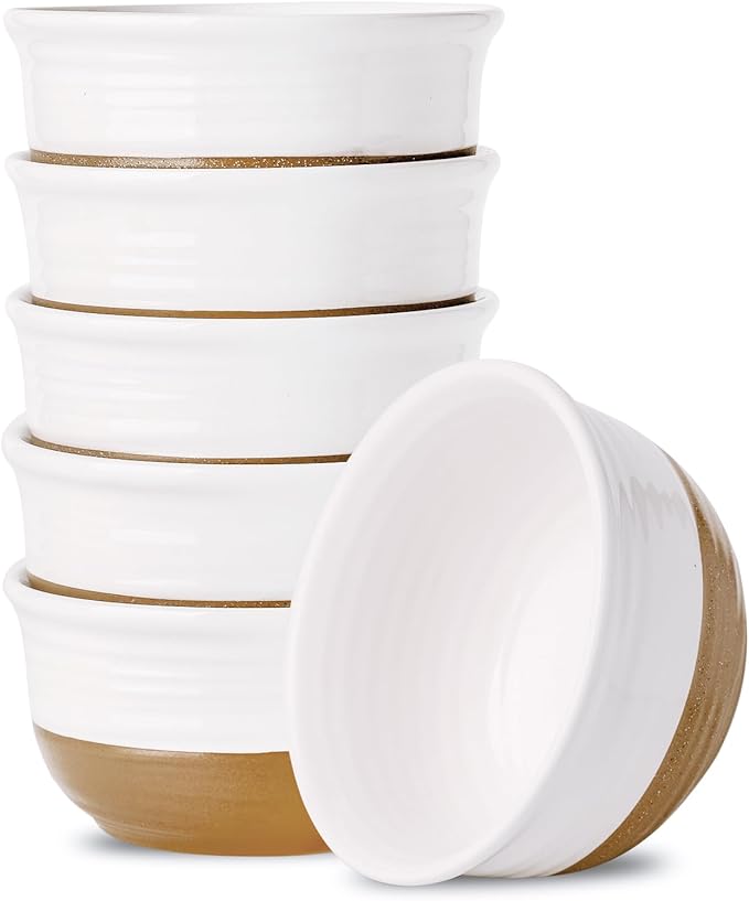 Hasense Ceramic White Colorblocked Design Bowls - 20 OZ Stackable Set of 6, Dishwasher and Microwave Safe for Pasta, Oatmeal, Rice, Ice Cream