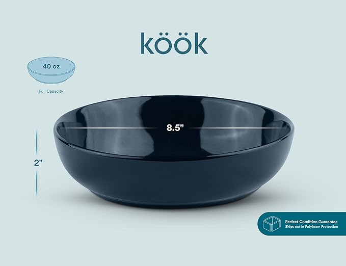 KooK Pasta Bowl, Salad Bowls, Soup, Serving Bowls, Ceramic, Large Capacity, Microwave & Dishwasher Safe, Set of 4, 40 Oz,(Navy Blue)