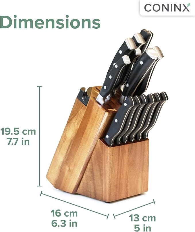 Coninx Universal Knife Block with Built-In Sharpener – 15-Slot Acacia Wood Knife Organizer Stand for Kitchen Counter – Non-Slip Holder Fits Chef, Bread, Steak Knives & Scissors