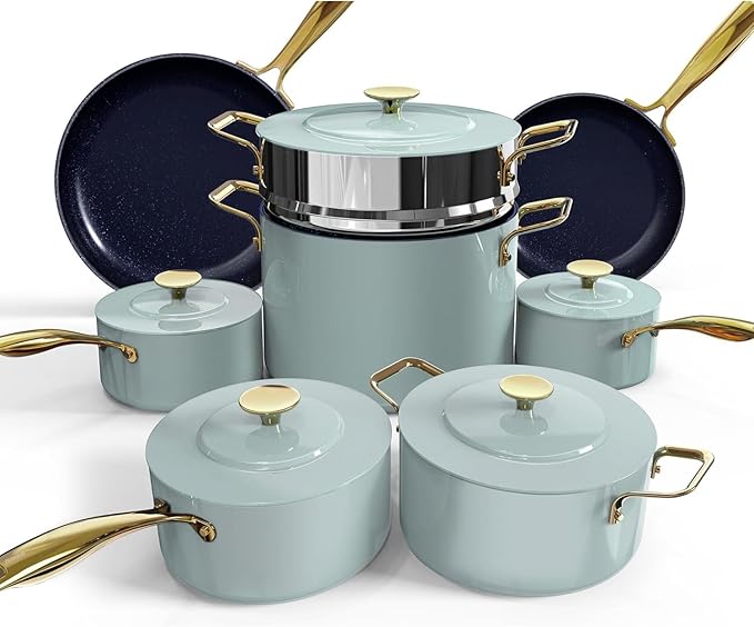 Nuwave Lux LE 13-Pc Cookware Set with Elegant Gold Handle, Diamond Infused Ceramic Non-Stick, PFAS Free, Premium Metal Lids, Ergonomic Stay-Cool Handles, Induction Ready & Compatible w/All Cooktops