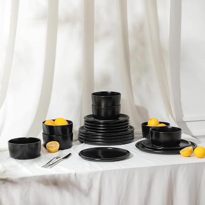 Stone Lain Eden 24-Piece Dinnerware Set Stoneware, Plates and Bowls Set, Dishwasher and Microwave Safe Dish, Dish Set for 8, Black