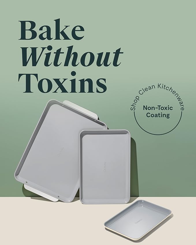 Caraway Non-Stick Ceramic Baking Sheet Trio - Naturally Slick Ceramic Coating - Non-Toxic, PTFE & PFOA Free - 18 x 13" Large, 15 x 10" Medium, & 9" x 13" Small - Slate