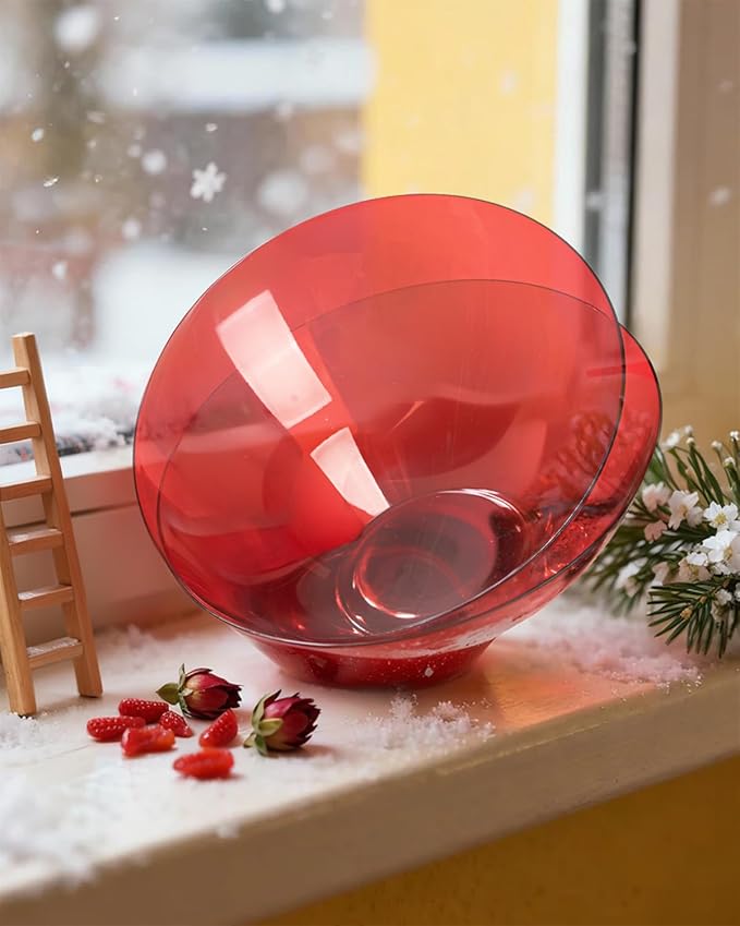 bUCLA 12 Pack Clear Red Plastic Serving Bowls - 54 OZ Christmas Angled Serving Bowls Disposable for Chip, Candy, Salad & Fruit - Ideal for X’mas Party