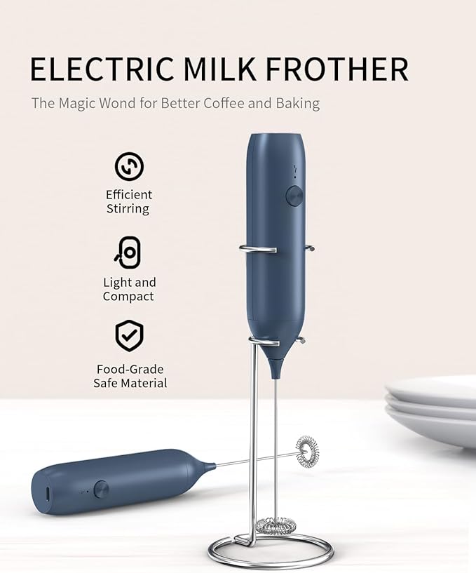 CIRCLE JOY Rechargeable Milk Frother Handheld with Stand, Coffee Frother Wand Drink Mixer with Dual Spring Whisk for Coffee, Cappuccino, Lattes, Frappe, Matcha and Hot Chocolate, Blue