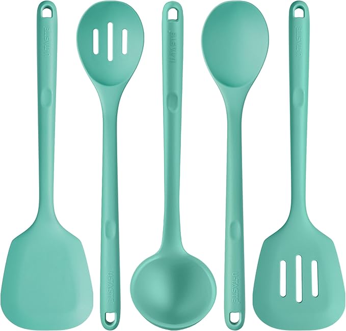 600ºF Heat Resistant Kitchen Utensil: U-Taste 13.6" Extra Long Silicone Cooking Tools Set, Food-Grade Non-Stick Solid and Slotted Turner Spatula, Mixing Spoon, and Soup Ladle (5 Pieces, Aqua Sky)