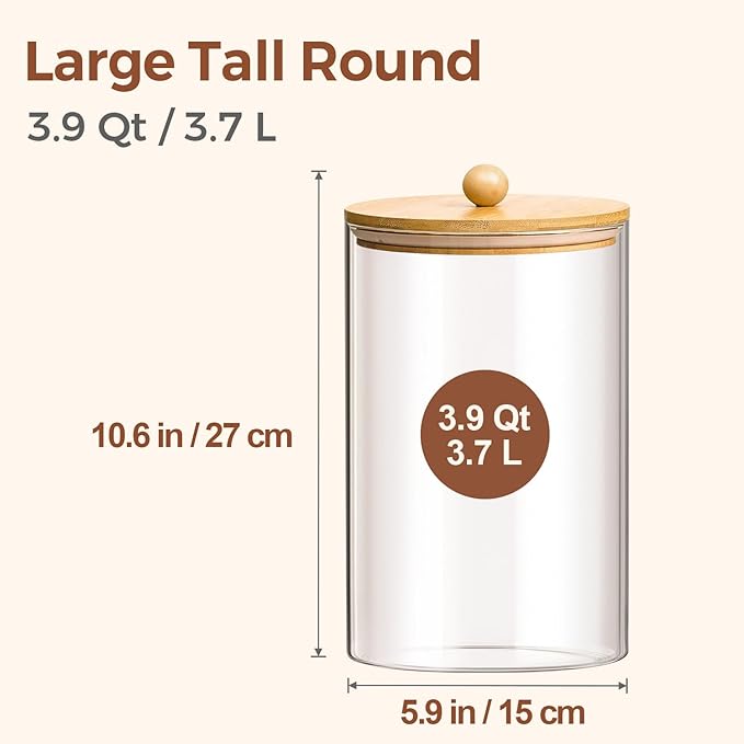 ComSaf 1 Gallon Cookie Jar, Large Glass Jar with lid, Glass Canisters with Lids Set of 2, 3.9 Qt Flour Container with Spoon and Clip, Glass Food Storage Pantry Containers for Sugar Oat Beans Pasta