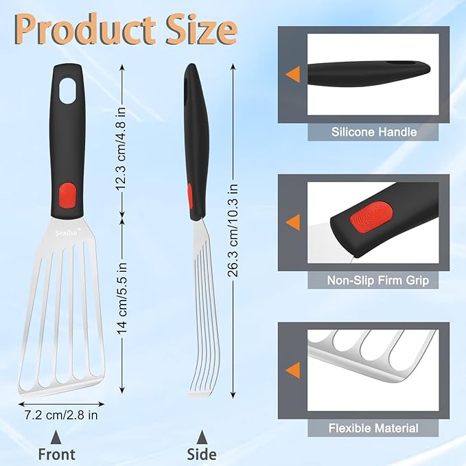 Fish Spatula Stainless Steel, Flexible Metal Spatulas with Silicone Handle, Slotted Turner for Kitchen, Cooking, Grilling, Flipping, Turning, Egg, Pancake and Burger (Small, 10.3 Inch)