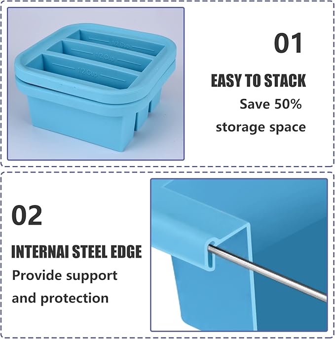 1/2-Cup Silicone Freezer Tray with Lid 2 Pack Soup Freezer Molds Food Freezing Container Make 6 Perfect Soups, Broths, Stews, Sauces, Curries