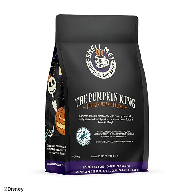 Bones Coffee Company The Nightmare Before Christmas Pumpkin King Flavored Coffee Beans, Whole Bean Coffee Medium Roast Low Acid, Pumpkin Pecan Praline Flavor (12 oz)