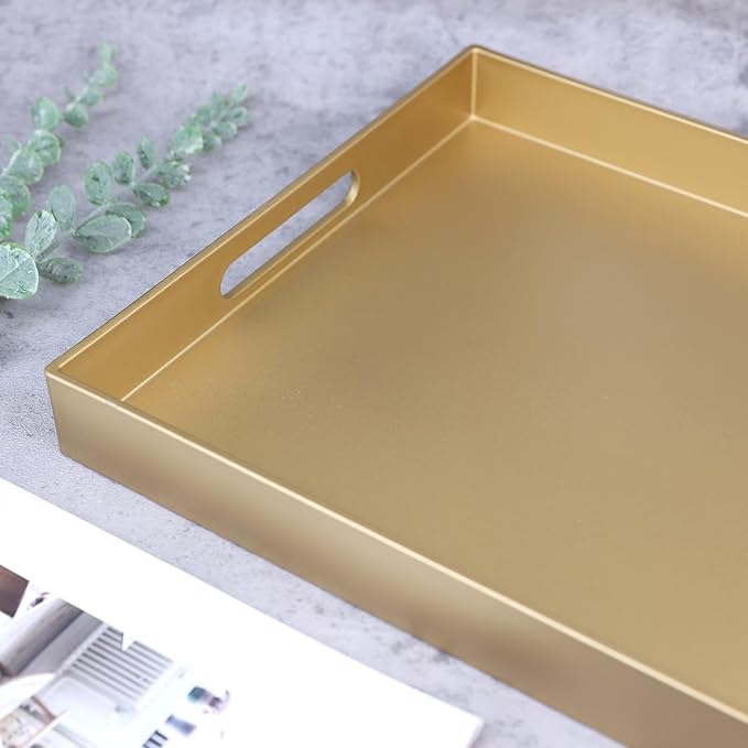 Gold Serving Tray for Coffee Table, Rectangular Plastic Decorative Tray with Handles for Entertaining, Outdoor Patio, Living Room, Ottoman, Bathroom Counter, 11.8”*15.7”*1.6”