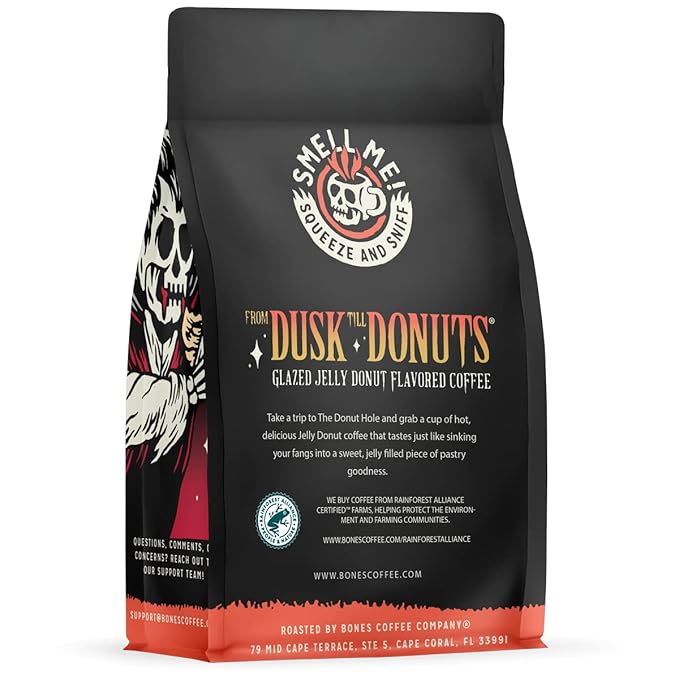 Bones Coffee Company From Dusk Till Donuts Jelly Donuts Flavored Coffee, Medium Roast Low Acid Arabica Beans Compatible with Auto drip and French Press Coffee Maker, 12 Oz Ground