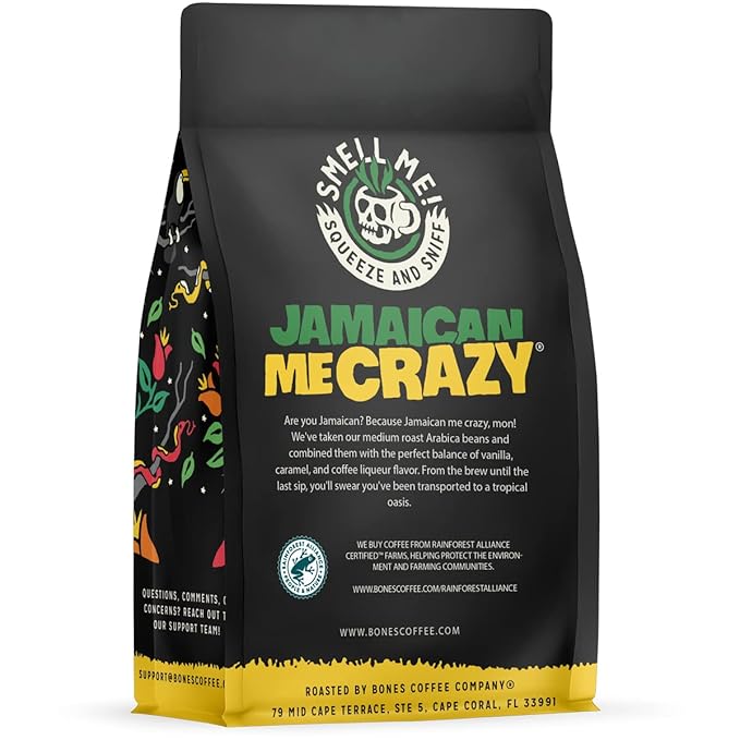 Bones Coffee Company Jamaican Me Crazy, Vanilla Caramel Flavored Coffee, Medium Roast Low Acid Arabica Beans Compatible with Auto drip and French Press Coffee Maker, 12 Oz Whole Bean