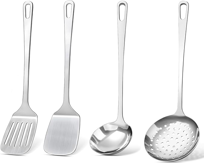 4 Pcs Cooking Utensils Set, Stainless Steel Kitchen Utensils, Heat Resistant Metal Kitchen Tools Include Solid & Slotted Turner Wok Spatula, Serving Spoon, Ergonomic Handle, Easy to Clean, Silver