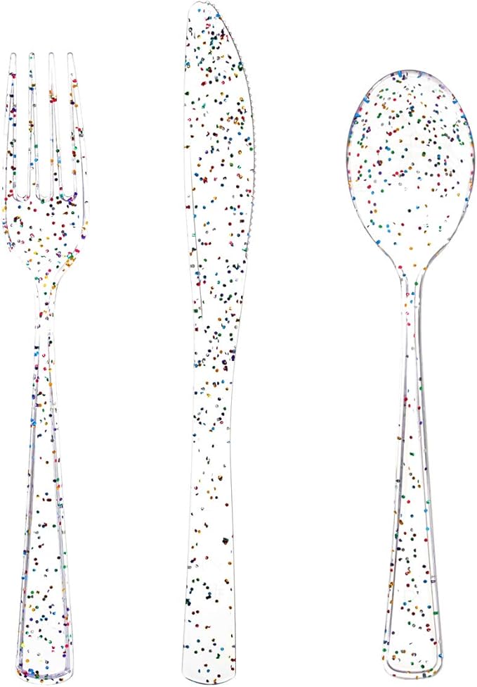 Supernal 360pcs Clear Plastic Silverware, Glitter Disposable Cutlery with Colorful Design,120 Forks,120 Knives,120 Spoons,Perfect for Parties Birthday