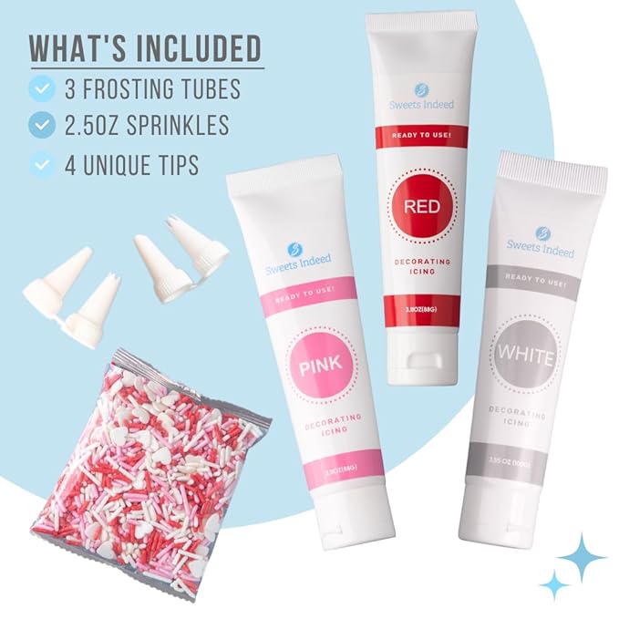 Sweets Indeed Frosting Kit plus Sprinkles Frosting Tubes nozzles 11.71 ounces Perfect for baking and cookie decoarting (Sweetheart)