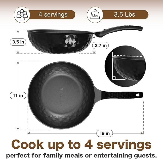 Diamond X Premium Non Stick Wok Pan - 11" Large Flat Bottom Chinese Wok - Woks & Stir-fry Pans Nonstick - Titanium-Coated 8-Layered Korean Engineered Skillet for Frying, Oil-Free, PFOA-Free