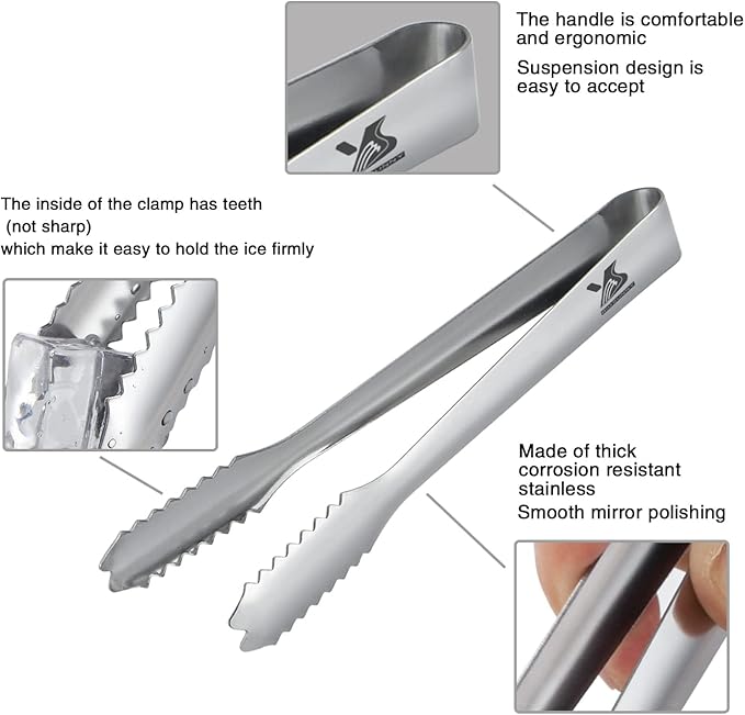 MSY BIGSUNNY 7 inches Ice Tongs for Ice Bucket, Stainless Steel Ice Tongs with Teeth, Small Serving Tongs (Silver)