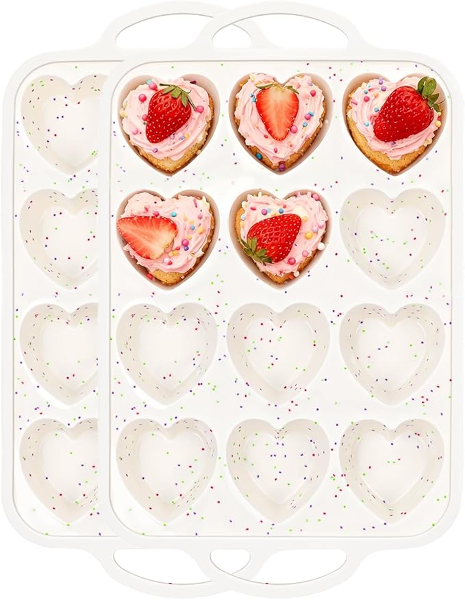 Premium Silicone Heart-Shaped Baking Mold with Metal Reinforced Frame – 2 Pack Non-Stick Cupcake & Muffin Pan for Baking Chocolate, Egg Bites & Brownies – BPA Free, Dishwasher & Oven Safe