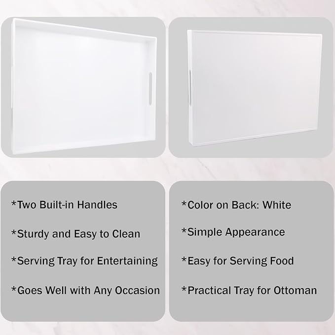 White Serving Tray for Coffee Table, Rectangular Plastic Decorative Tray with Handles for Entertaining, Outdoor Patio, Living Room, Ottoman, Bathroom Counter, 11.8”*15.7”*1.6”