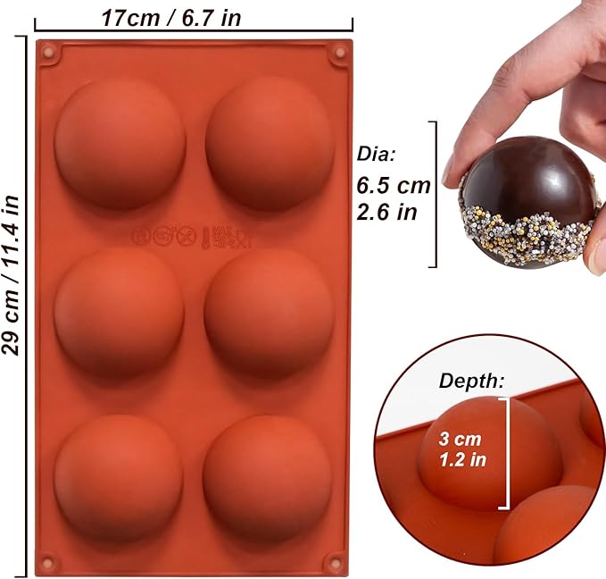2 Pack Large 6-Cavity Semi Sphere Silicone Molds, Non-Stick Baking Mold for Making Standard Size Hot Chocolate Bomb, Cake, Jelly, Dome Mousse